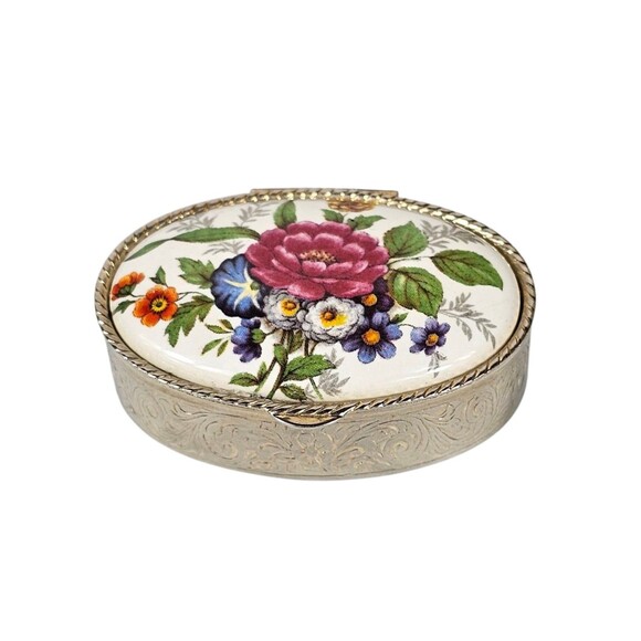 Vintage Oval Mauve Floral Design Porcelain Silver Tone Hinged Pill Trinket Box - Picture 2 of 8